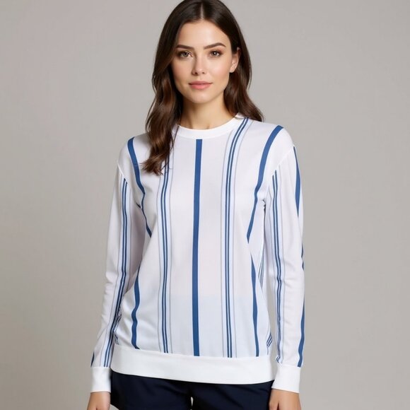 Thakoon Striped Long Sleeve Crew Neck Pullover White Blue Sweater Sweatshirt - Picture 1 of 11